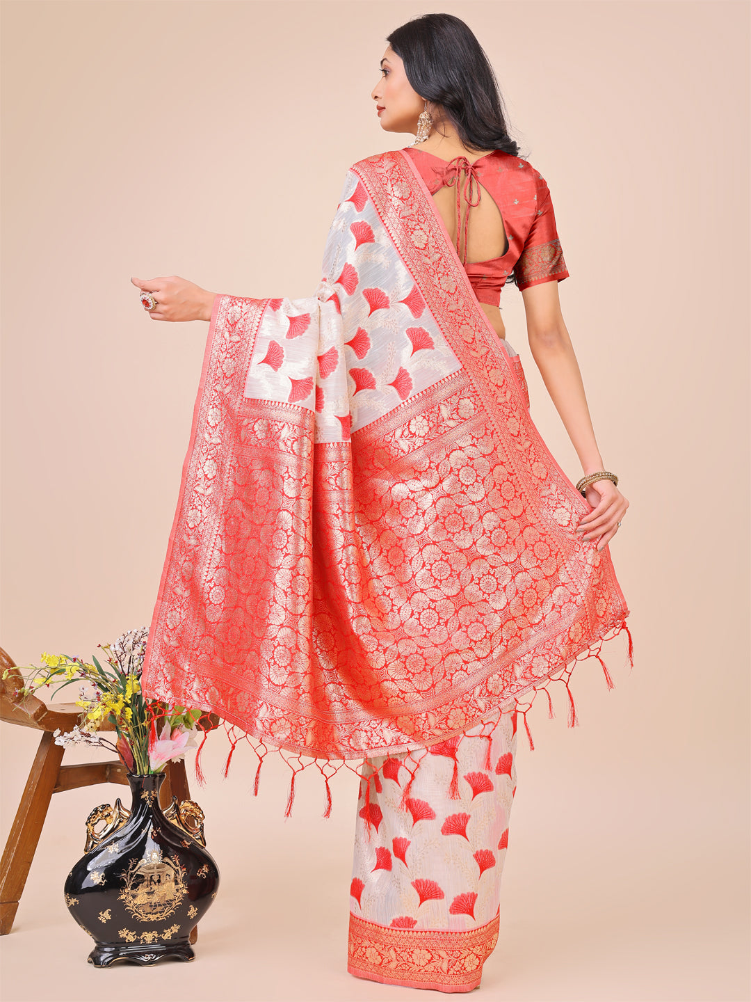 Shree Shyam Fashion Elegant Off-White & Red Linen Cotton Saree with Zari Woven Border and Pallu - Soft Lightweight Saree for Daily,Festive & Office Wear