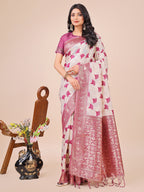 Shree Shyam Fashion Elegant Off-White & Magenta Linen Cotton Saree with Zari Woven Border and Pallu - Soft Lightweight Saree for Daily,Festive & Office Wear