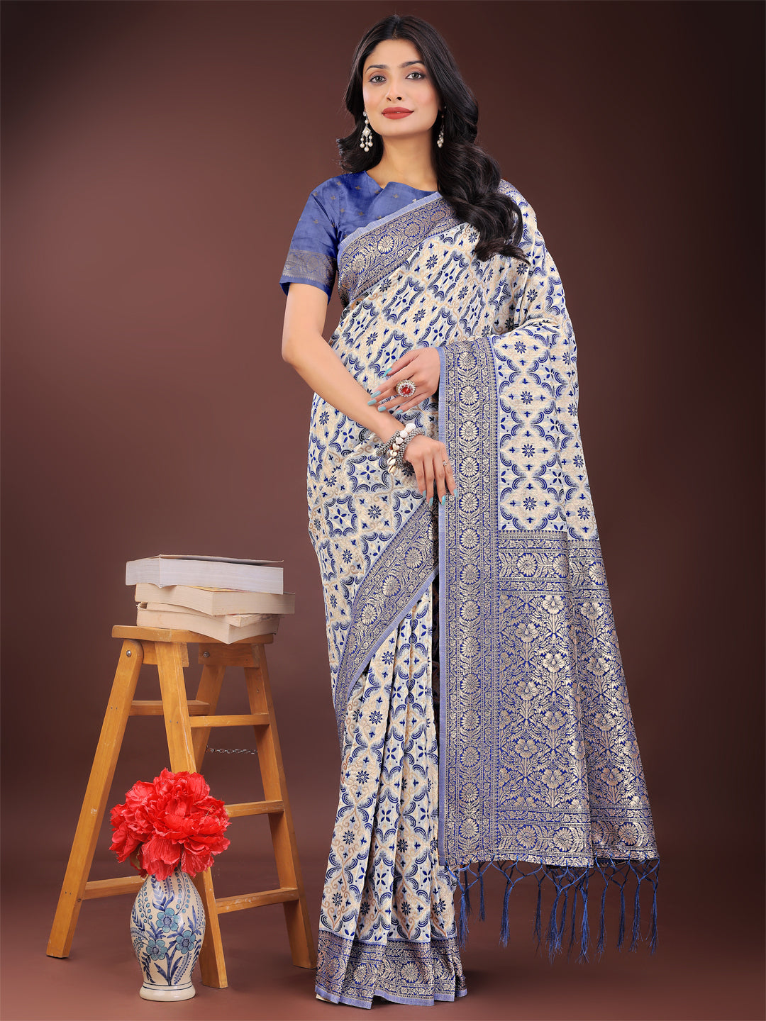 Shree Shyam Fashion Blue Linen Saree with Rich Woven Zari Work - Elegant Ethnic Saree for Festive & Office Wear