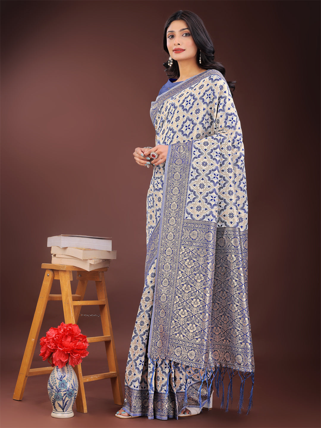 Shree Shyam Fashion Blue Linen Saree with Rich Woven Zari Work - Elegant Ethnic Saree for Festive & Office Wear