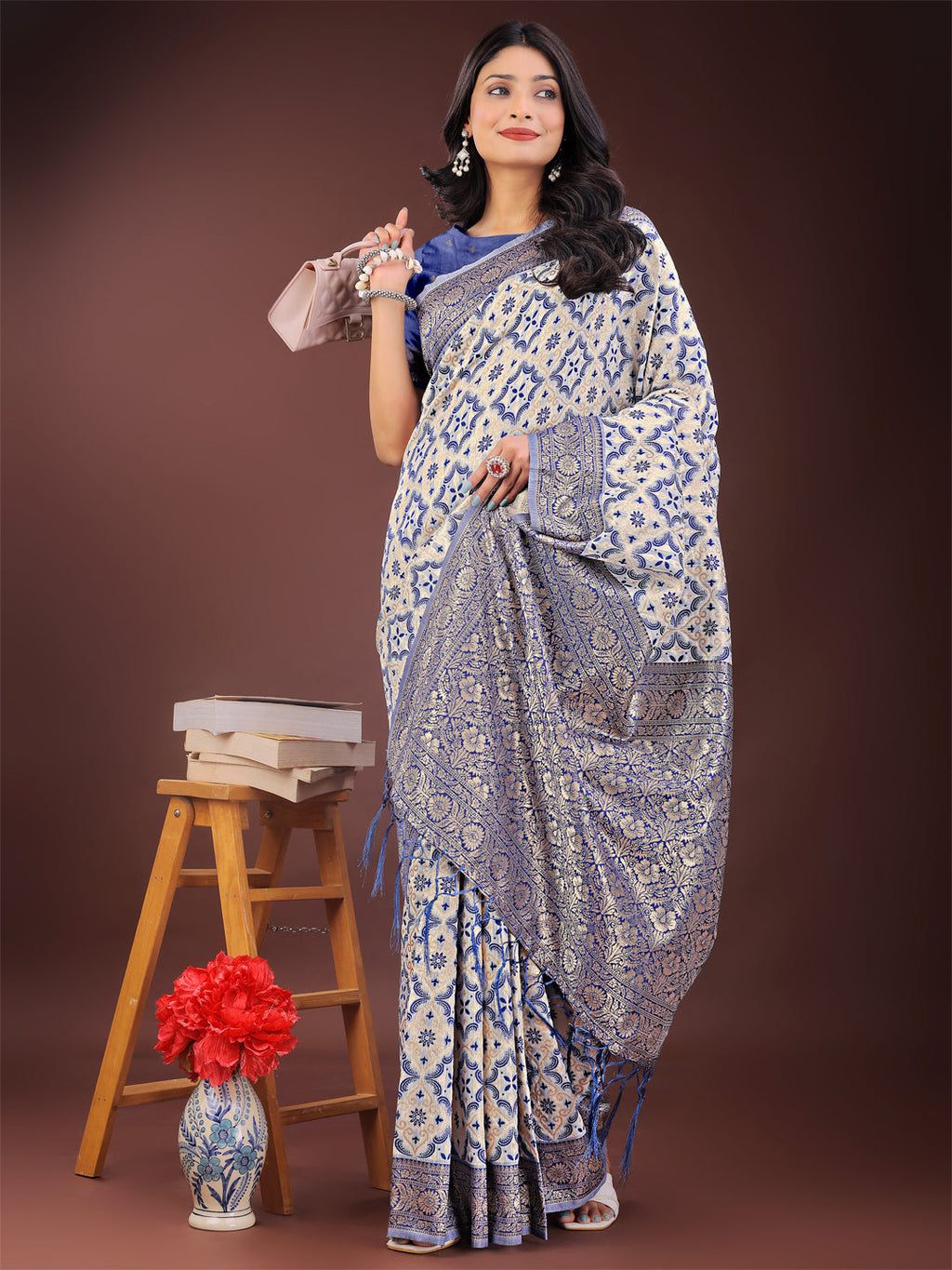 Shree Shyam Fashion Blue Linen Saree with Rich Woven Zari Work - Elegant Ethnic Saree for Festive & Office Wear