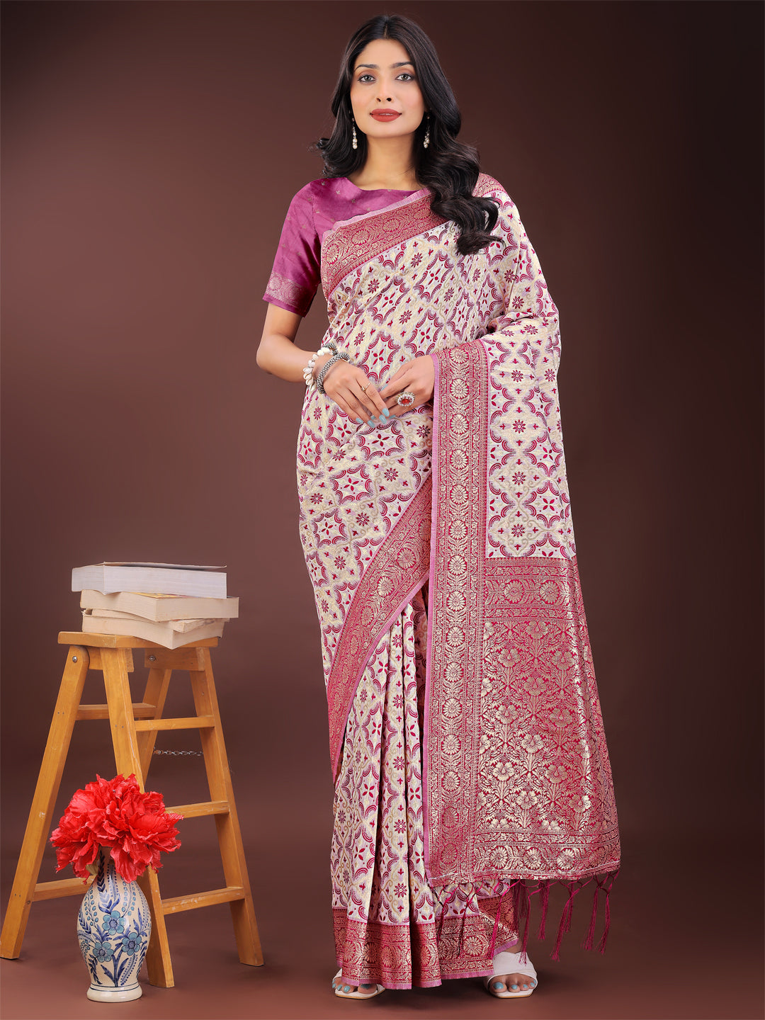 Shree Shyam Fashion Pink Linen Saree with Rich Woven Zari Work - Elegant Ethnic Saree for Festive & Office Wear