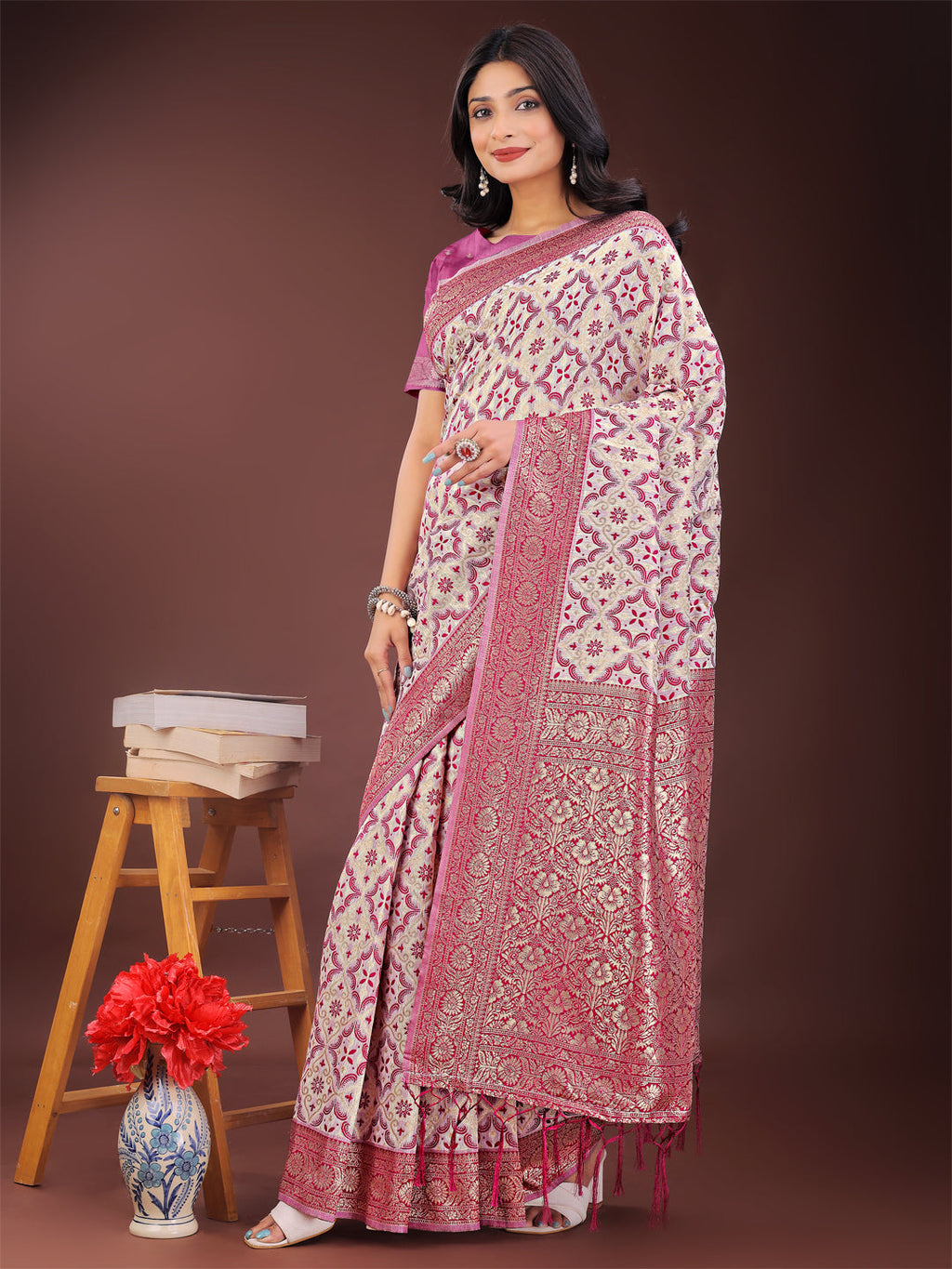 Shree Shyam Fashion Pink Linen Saree with Rich Woven Zari Work - Elegant Ethnic Saree for Festive & Office Wear