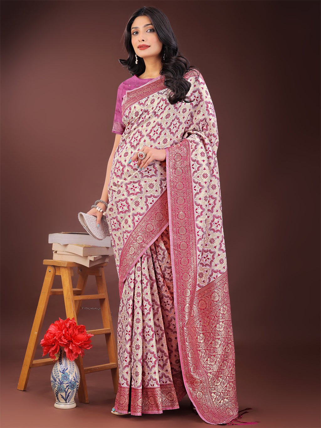 Shree Shyam Fashion Pink Linen Saree with Rich Woven Zari Work - Elegant Ethnic Saree for Festive & Office Wear