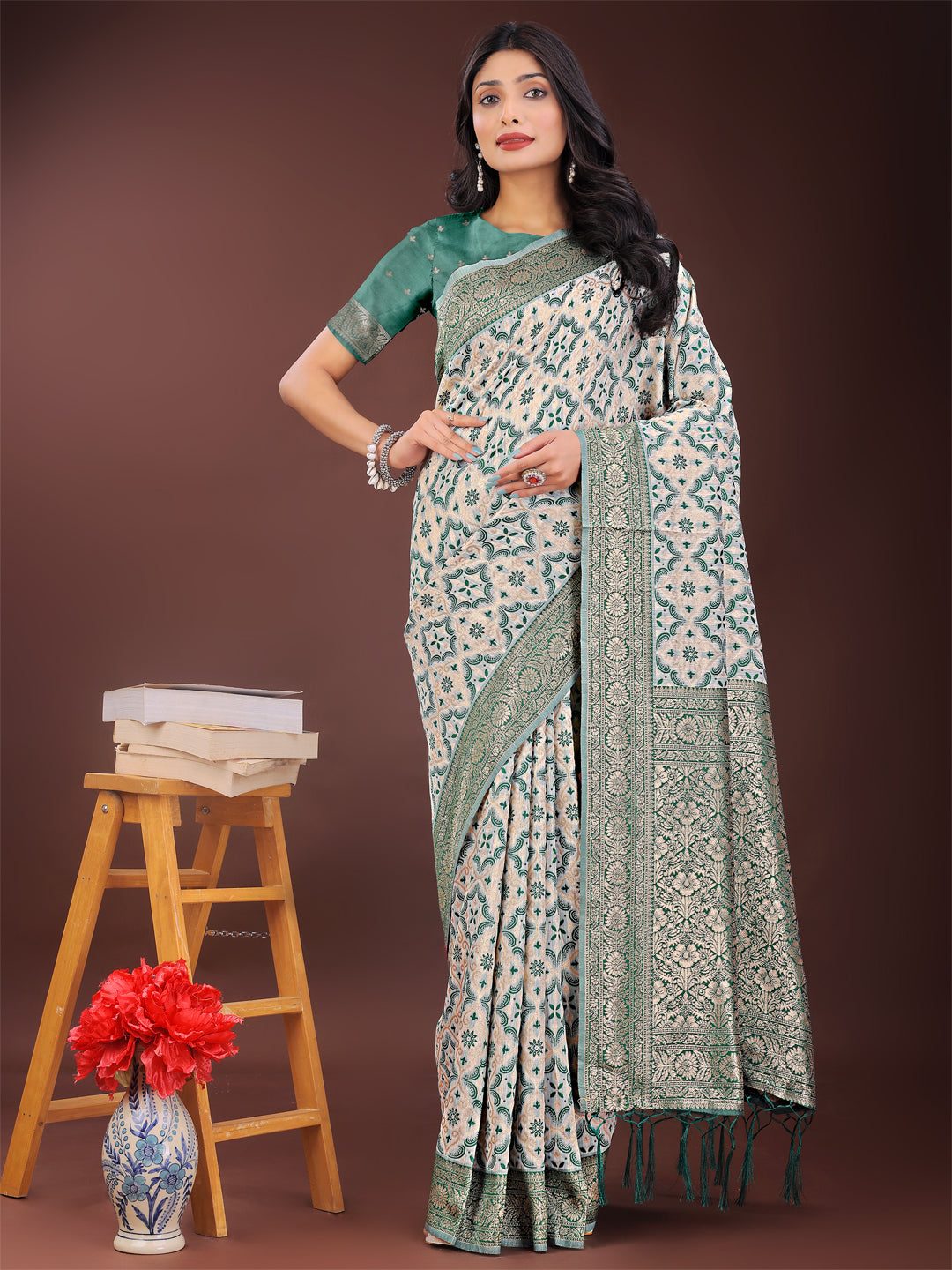 Shree Shyam Fashion Green Linen Saree with Rich Woven Zari Work - Elegant Ethnic Saree for Festive & Office Wear