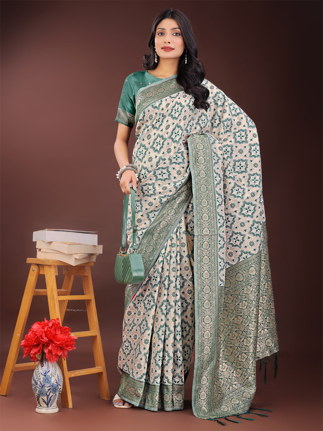 Shree Shyam Fashion Green Linen Saree with Rich Woven Zari Work - Elegant Ethnic Saree for Festive & Office Wear