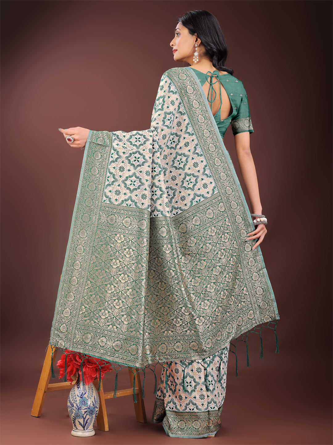 Shree Shyam Fashion Green Linen Saree with Rich Woven Zari Work - Elegant Ethnic Saree for Festive & Office Wear