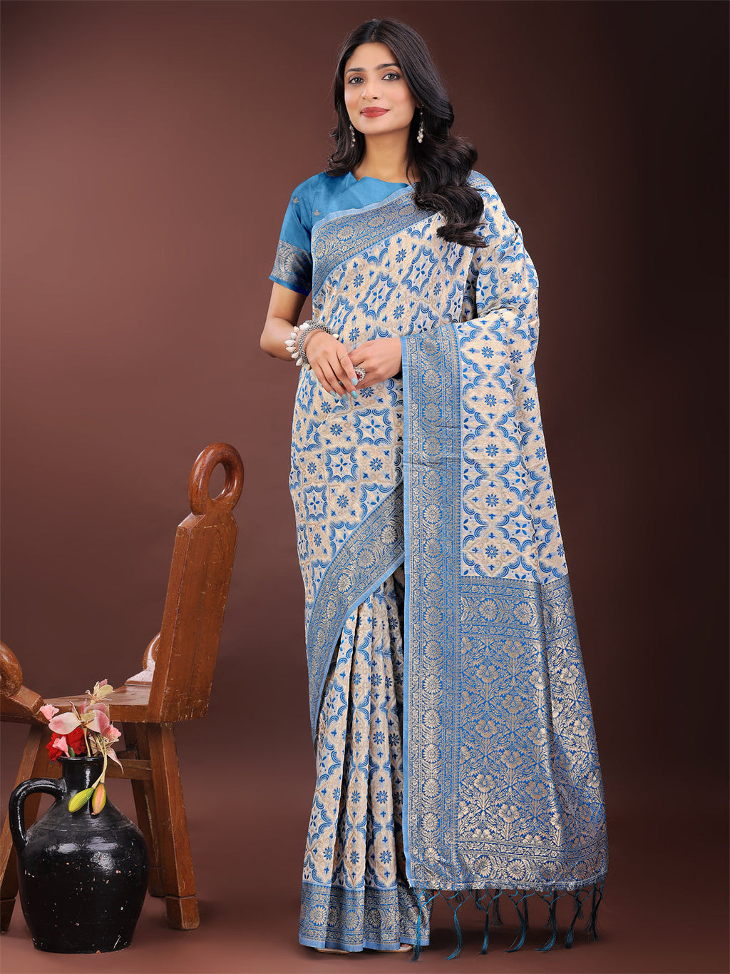 Shree Shyam Fashion Sky Blue Linen Saree with Rich Woven Zari Work - Elegant Ethnic Saree for Festive & Office Wear