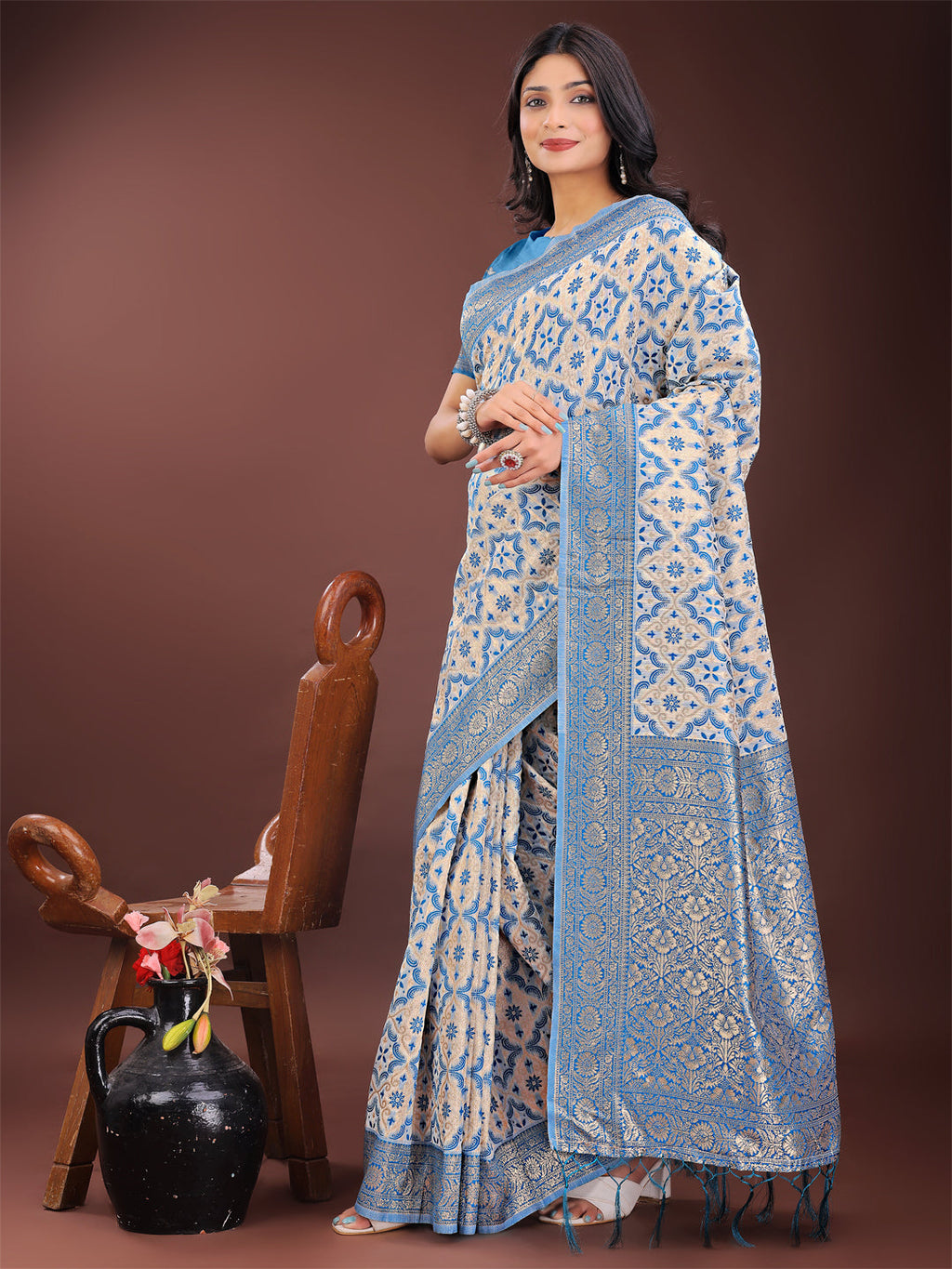 Shree Shyam Fashion Sky Blue Linen Saree with Rich Woven Zari Work - Elegant Ethnic Saree for Festive & Office Wear