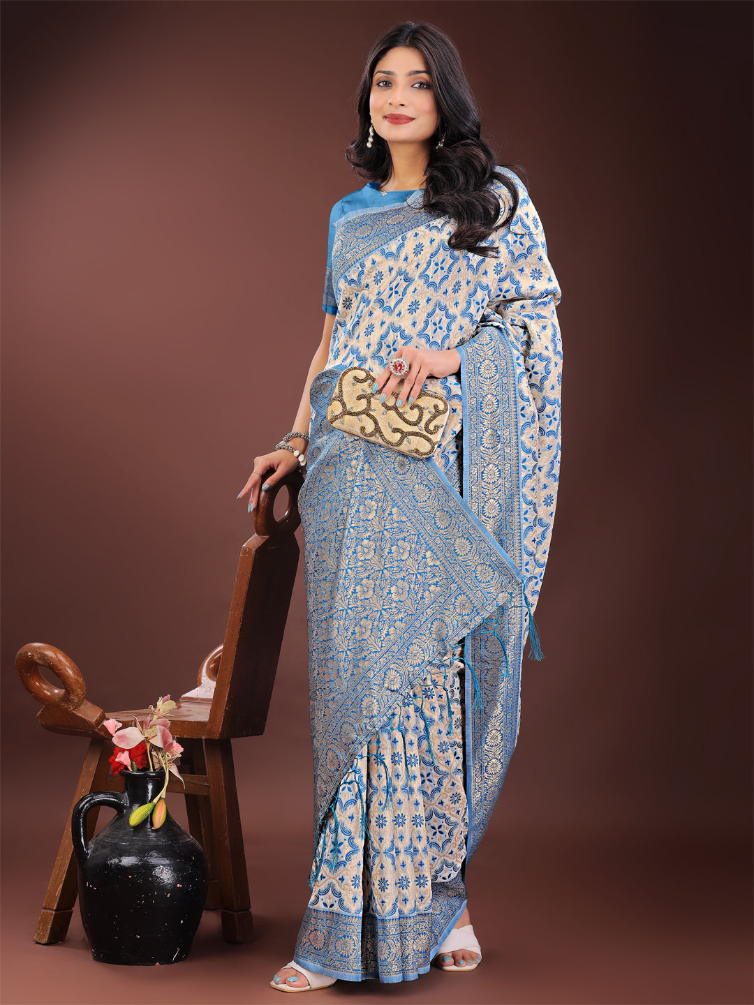 Shree Shyam Fashion Sky Blue Linen Saree with Rich Woven Zari Work - Elegant Ethnic Saree for Festive & Office Wear