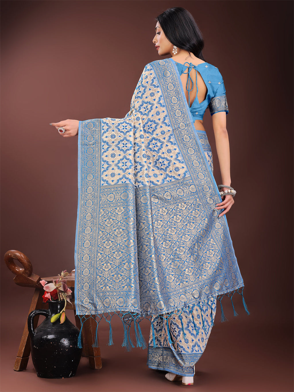 Shree Shyam Fashion Sky Blue Linen Saree with Rich Woven Zari Work - Elegant Ethnic Saree for Festive & Office Wear