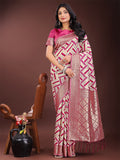 Shree Shyam Fashion Elegant Pink & Cream Linen Saree with Geometric Design and Zari Border - Festive & Party Wear