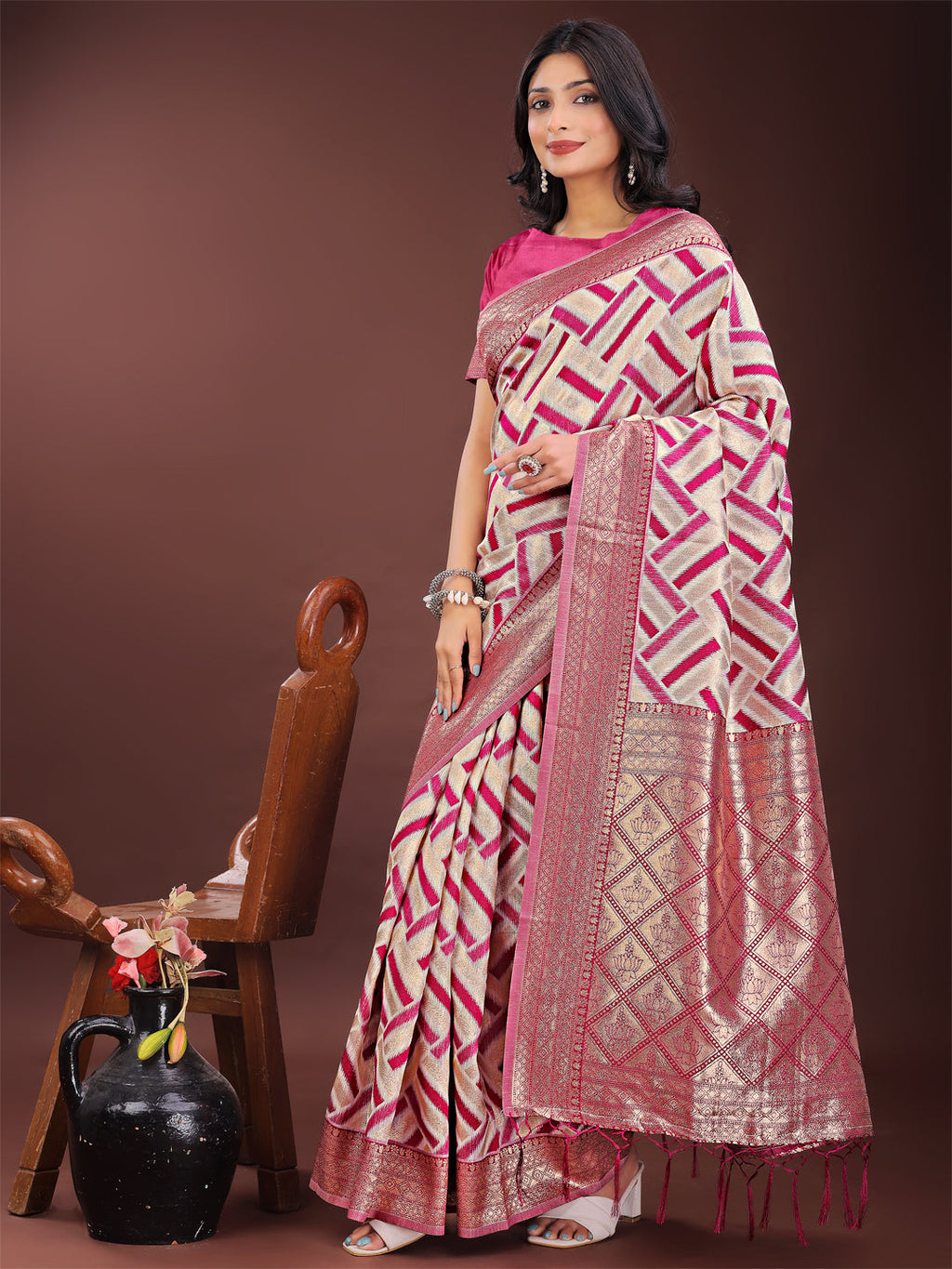 Shree Shyam Fashion Elegant Pink & Cream Linen Saree with Geometric Design and Zari Border - Festive & Party Wear