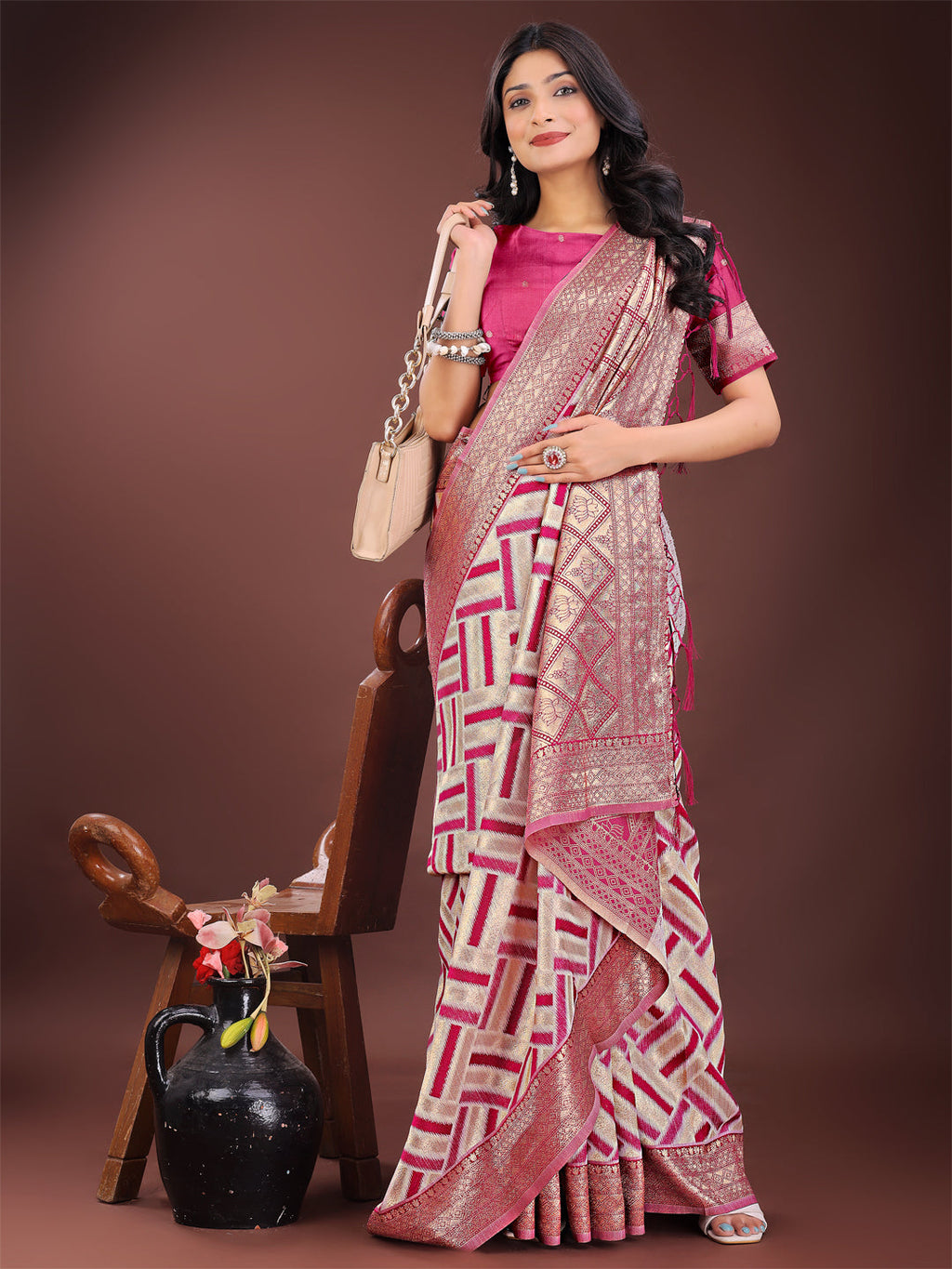 Shree Shyam Fashion Elegant Pink & Cream Linen Saree with Geometric Design and Zari Border - Festive & Party Wear