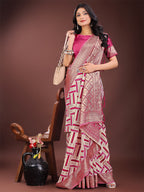 Shree Shyam Fashion Elegant Pink & Cream Linen Saree with Geometric Design and Zari Border - Festive & Party Wear