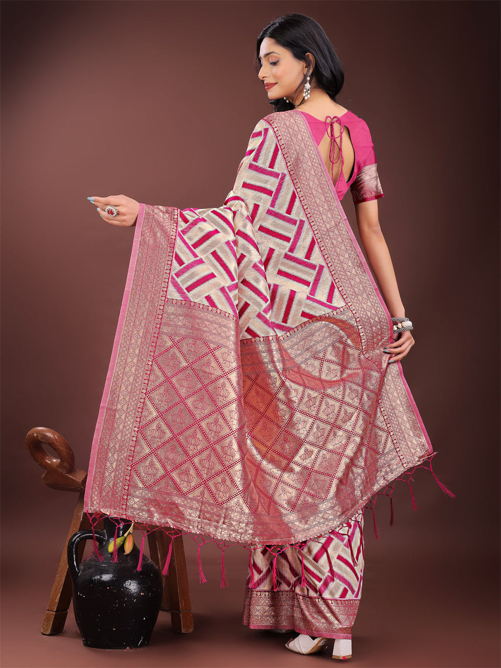 Shree Shyam Fashion Elegant Pink & Cream Linen Saree with Geometric Design and Zari Border - Festive & Party Wear