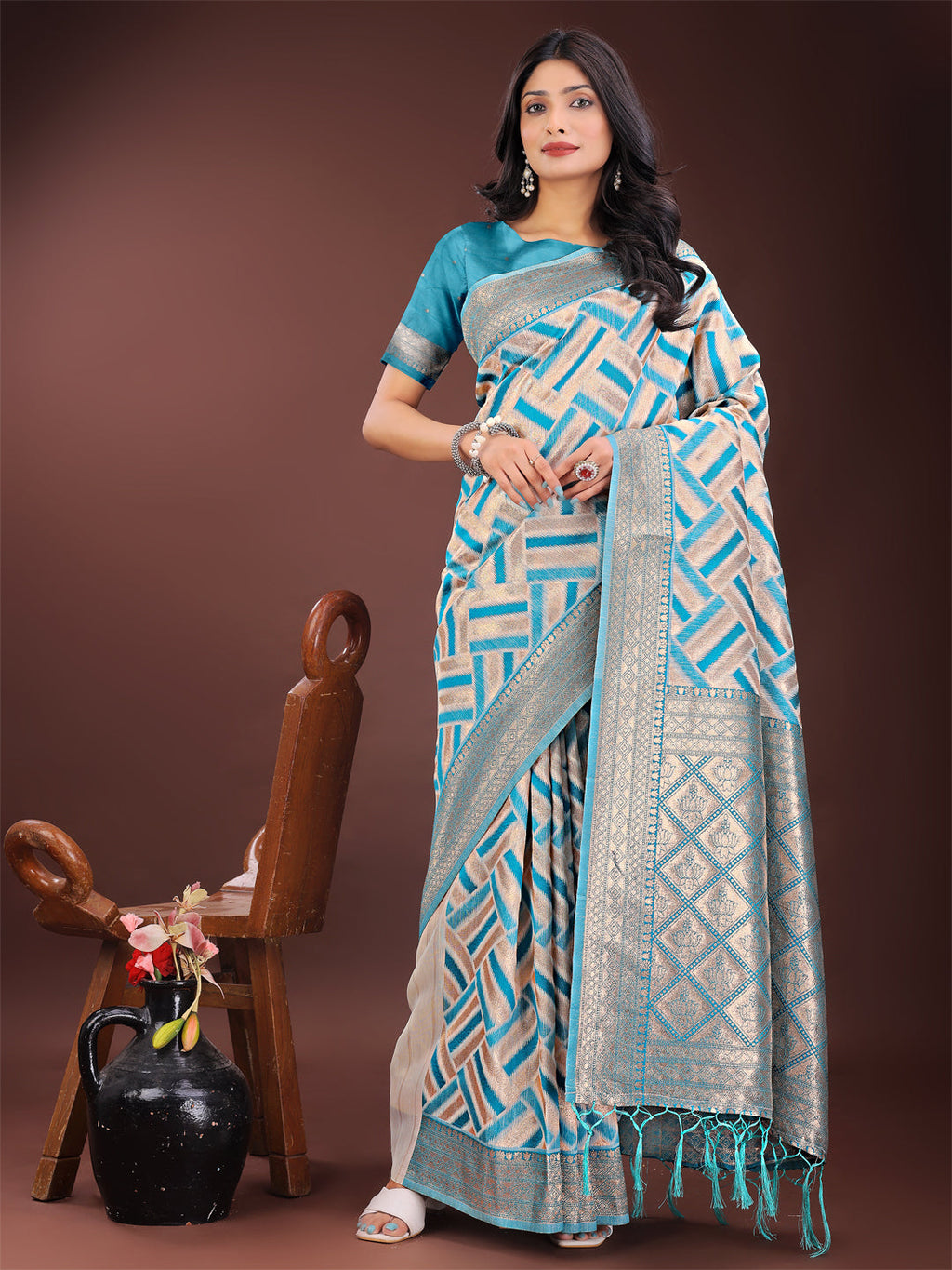 Shree Shyam Fashion Elegant Sea Green & Cream Linen Saree with Geometric Design and Zari Border - Festive & Party Wear