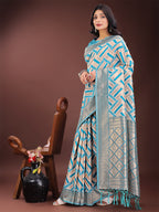 Shree Shyam Fashion Elegant Sea Green & Cream Linen Saree with Geometric Design and Zari Border - Festive & Party Wear
