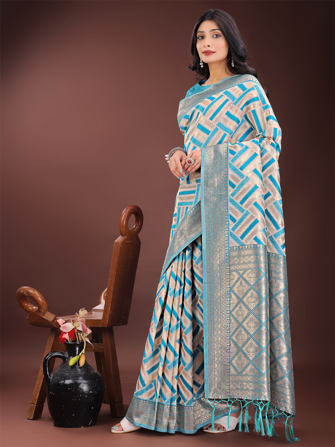 Shree Shyam Fashion Elegant Sea Green & Cream Linen Saree with Geometric Design and Zari Border - Festive & Party Wear