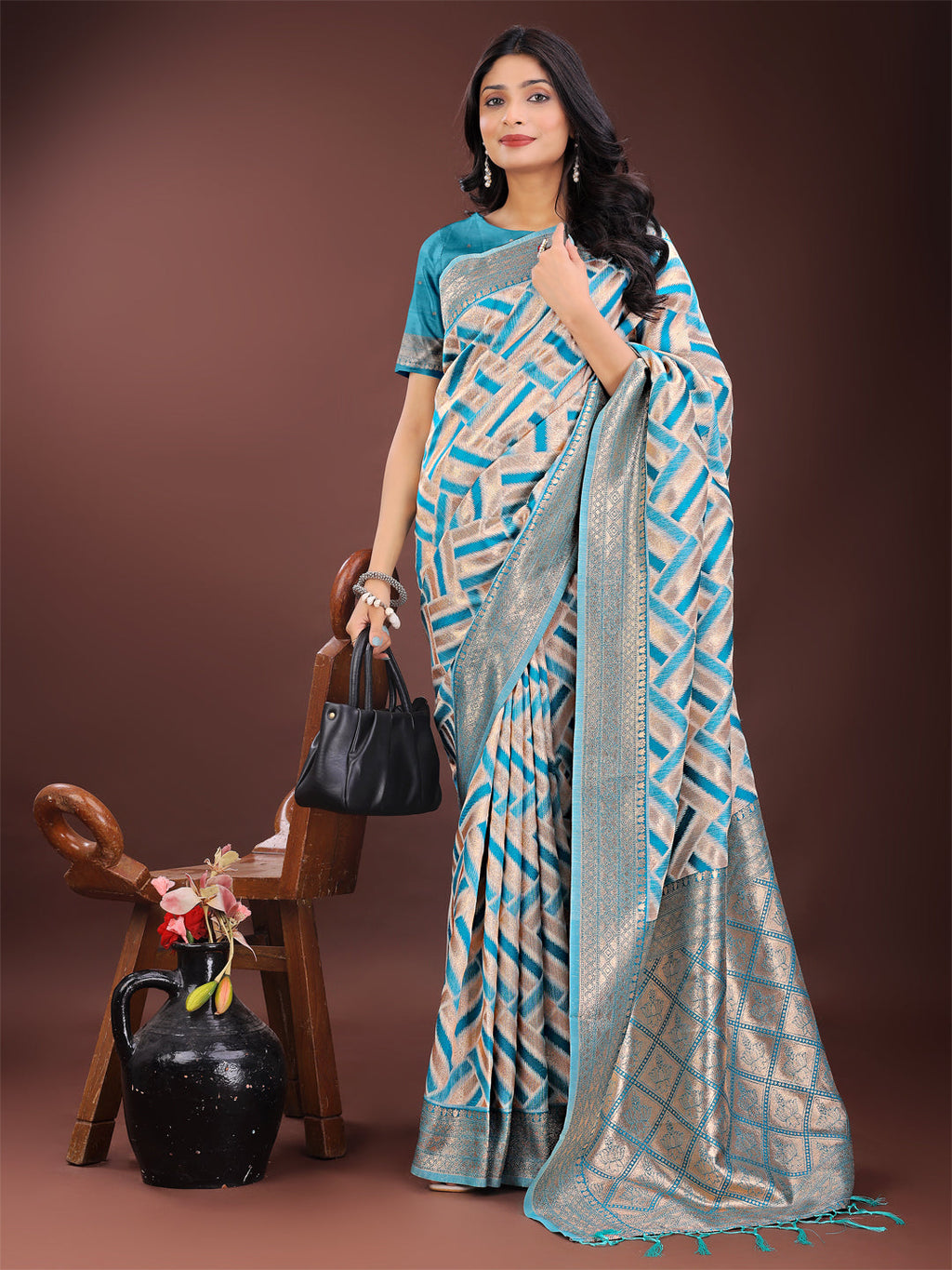 Shree Shyam Fashion Elegant Sea Green & Cream Linen Saree with Geometric Design and Zari Border - Festive & Party Wear