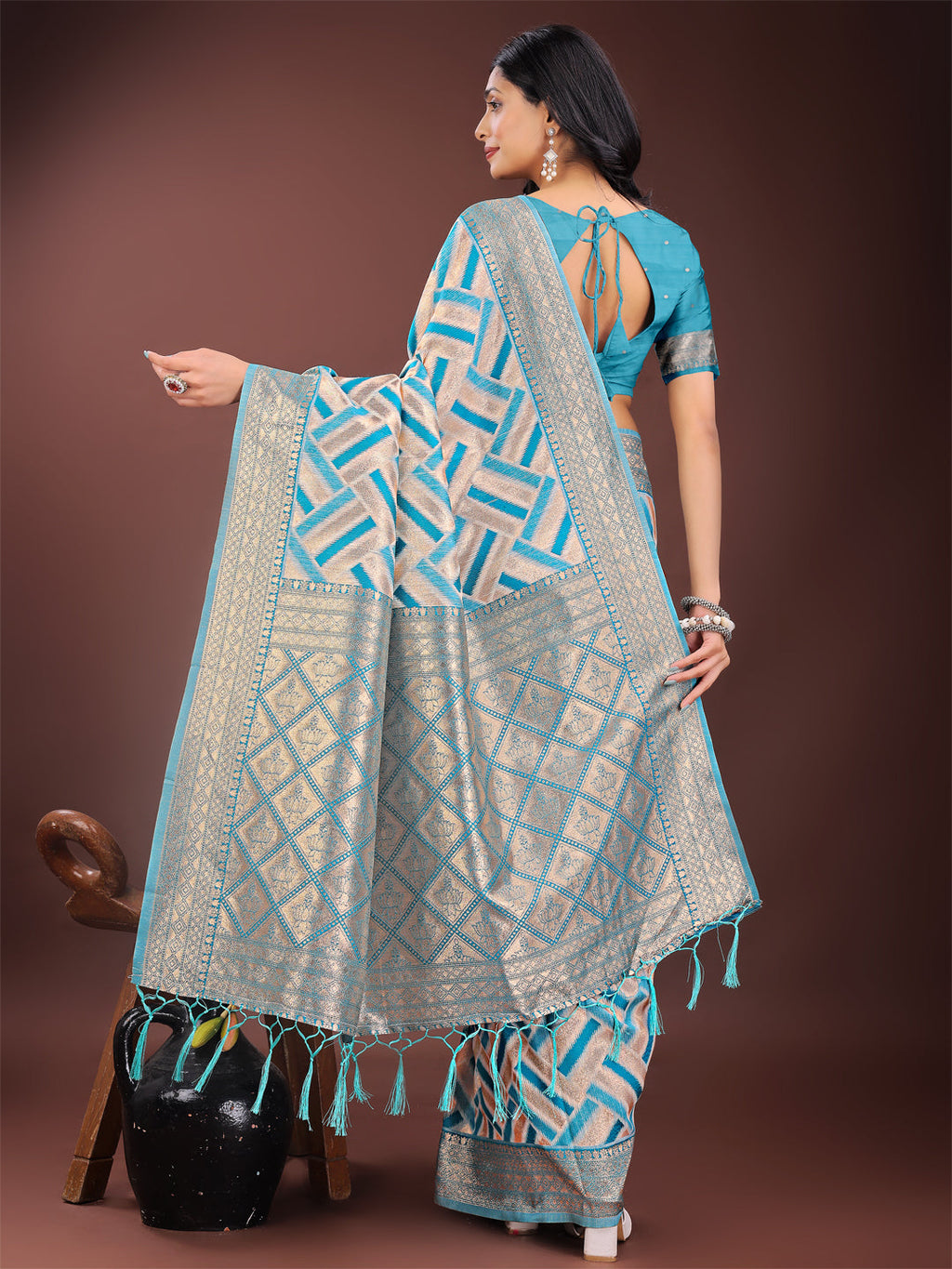 Shree Shyam Fashion Elegant Sea Green & Cream Linen Saree with Geometric Design and Zari Border - Festive & Party Wear