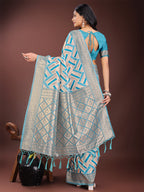 Shree Shyam Fashion Elegant Sea Green & Cream Linen Saree with Geometric Design and Zari Border - Festive & Party Wear