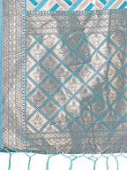 Shree Shyam Fashion Elegant Sea Green & Cream Linen Saree with Geometric Design and Zari Border - Festive & Party Wear