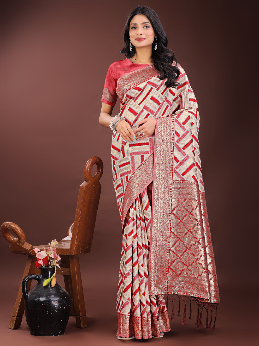 Shree Shyam Fashion Elegant Red & Cream Linen Saree with Geometric Design and Zari Border - Festive & Party Wear