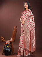 Shree Shyam Fashion Elegant Red & Cream Linen Saree with Geometric Design and Zari Border - Festive & Party Wear