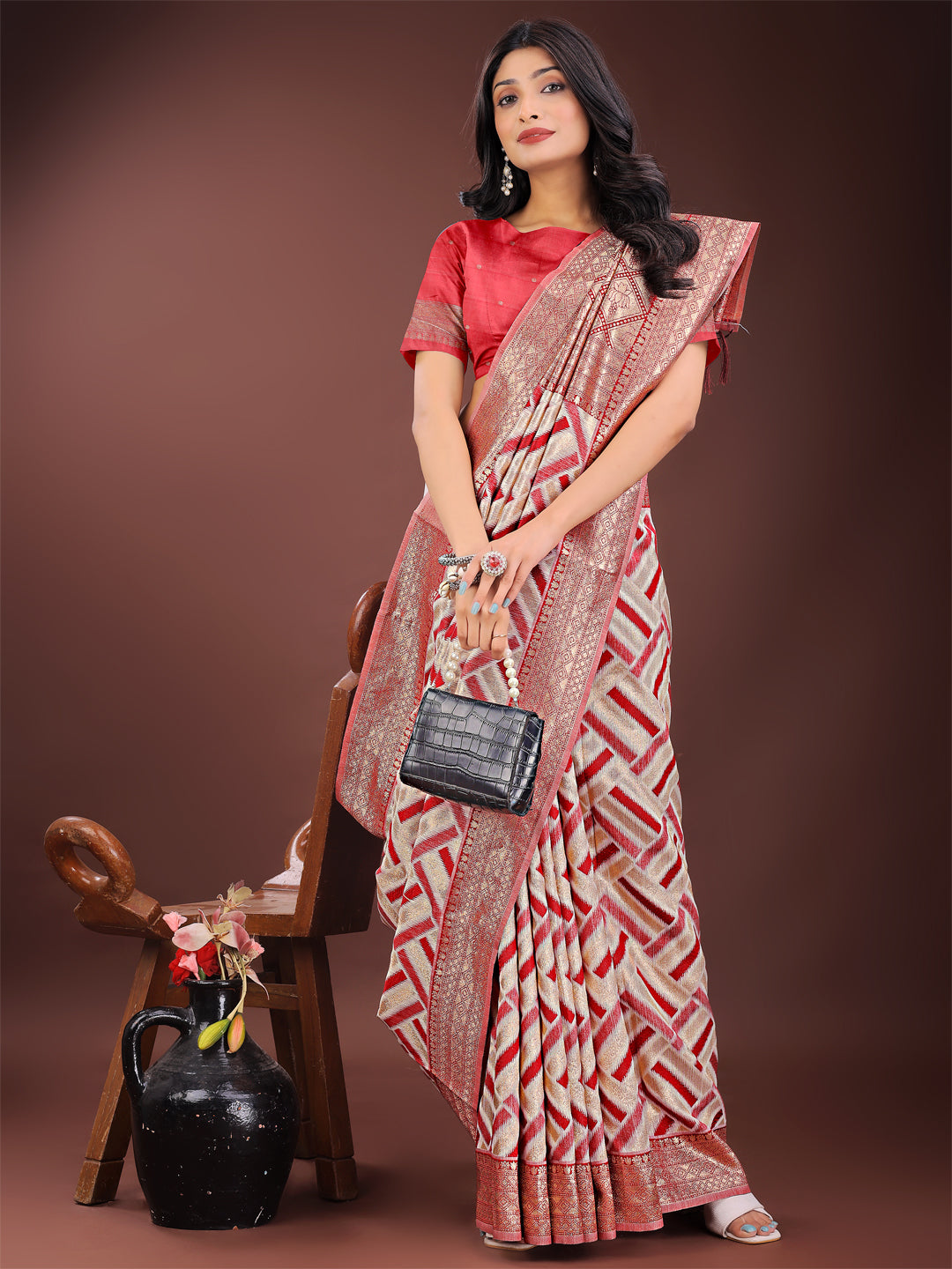 Shree Shyam Fashion Elegant Red & Cream Linen Saree with Geometric Design and Zari Border - Festive & Party Wear
