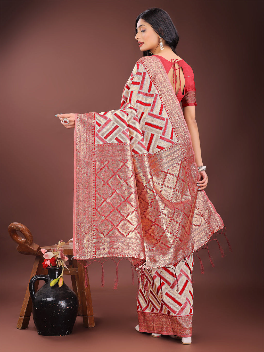 Shree Shyam Fashion Elegant Red & Cream Linen Saree with Geometric Design and Zari Border - Festive & Party Wear
