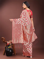 Shree Shyam Fashion Elegant Red & Cream Linen Saree with Geometric Design and Zari Border - Festive & Party Wear