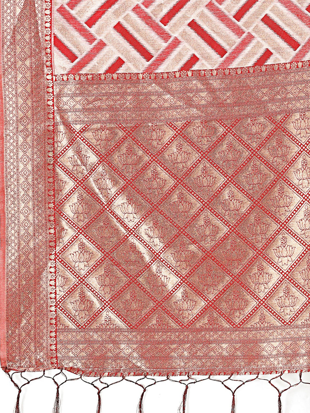 Shree Shyam Fashion Elegant Red & Cream Linen Saree with Geometric Design and Zari Border - Festive & Party Wear