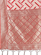 Shree Shyam Fashion Elegant Red & Cream Linen Saree with Geometric Design and Zari Border - Festive & Party Wear
