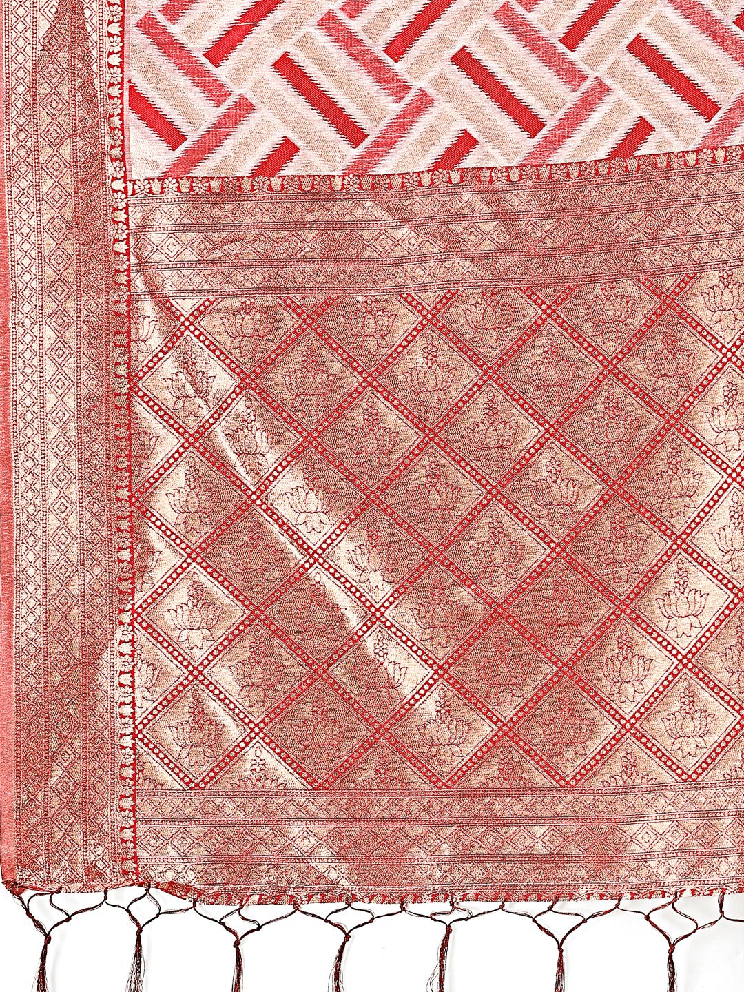 Shree Shyam Fashion Elegant Red & Cream Linen Saree with Geometric Design and Zari Border - Festive & Party Wear