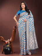 Shree Shyam Fashion Elegant Sky Blue & Cream Linen Saree with Geometric Design and Zari Border - Festive & Party Wear