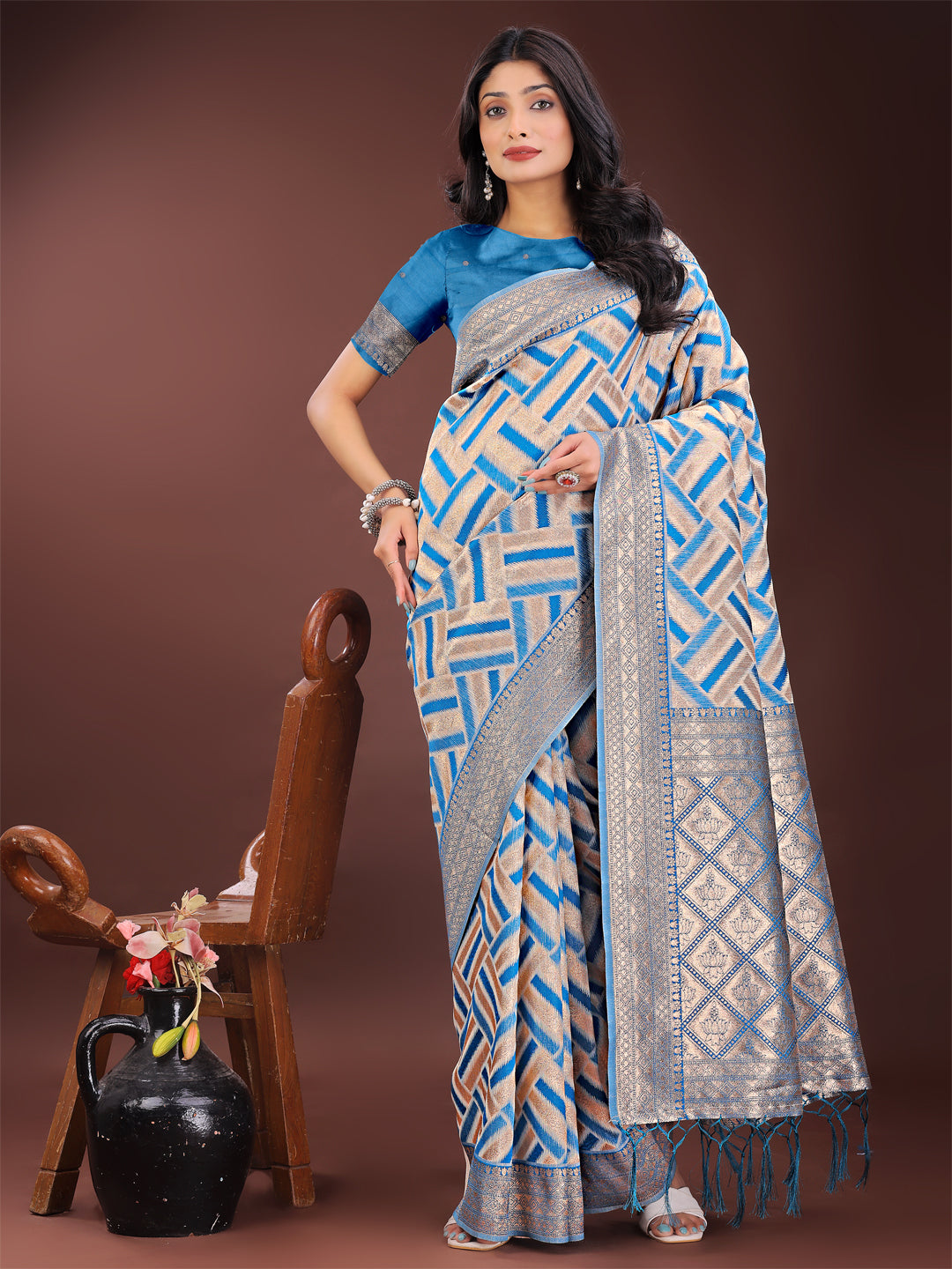 Shree Shyam Fashion Elegant Sky Blue & Cream Linen Saree with Geometric Design and Zari Border - Festive & Party Wear