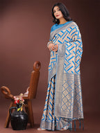 Shree Shyam Fashion Elegant Sky Blue & Cream Linen Saree with Geometric Design and Zari Border - Festive & Party Wear