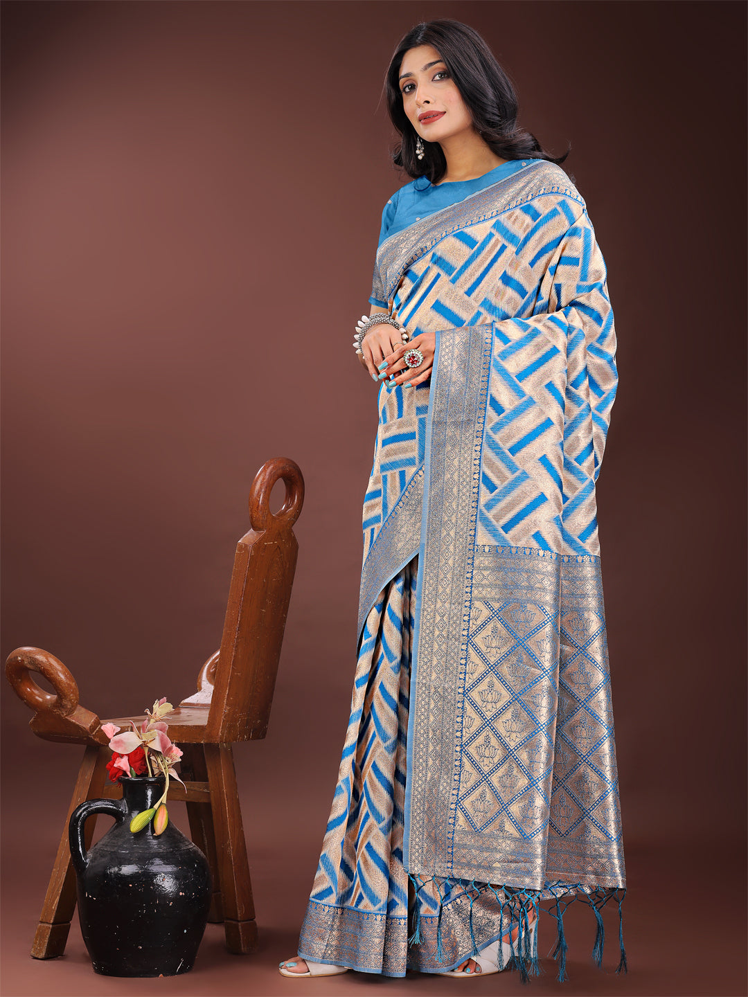 Shree Shyam Fashion Elegant Sky Blue & Cream Linen Saree with Geometric Design and Zari Border - Festive & Party Wear