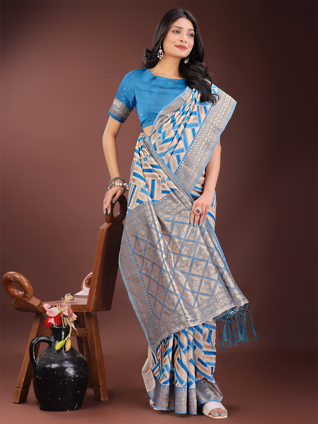 Shree Shyam Fashion Elegant Sky Blue & Cream Linen Saree with Geometric Design and Zari Border - Festive & Party Wear