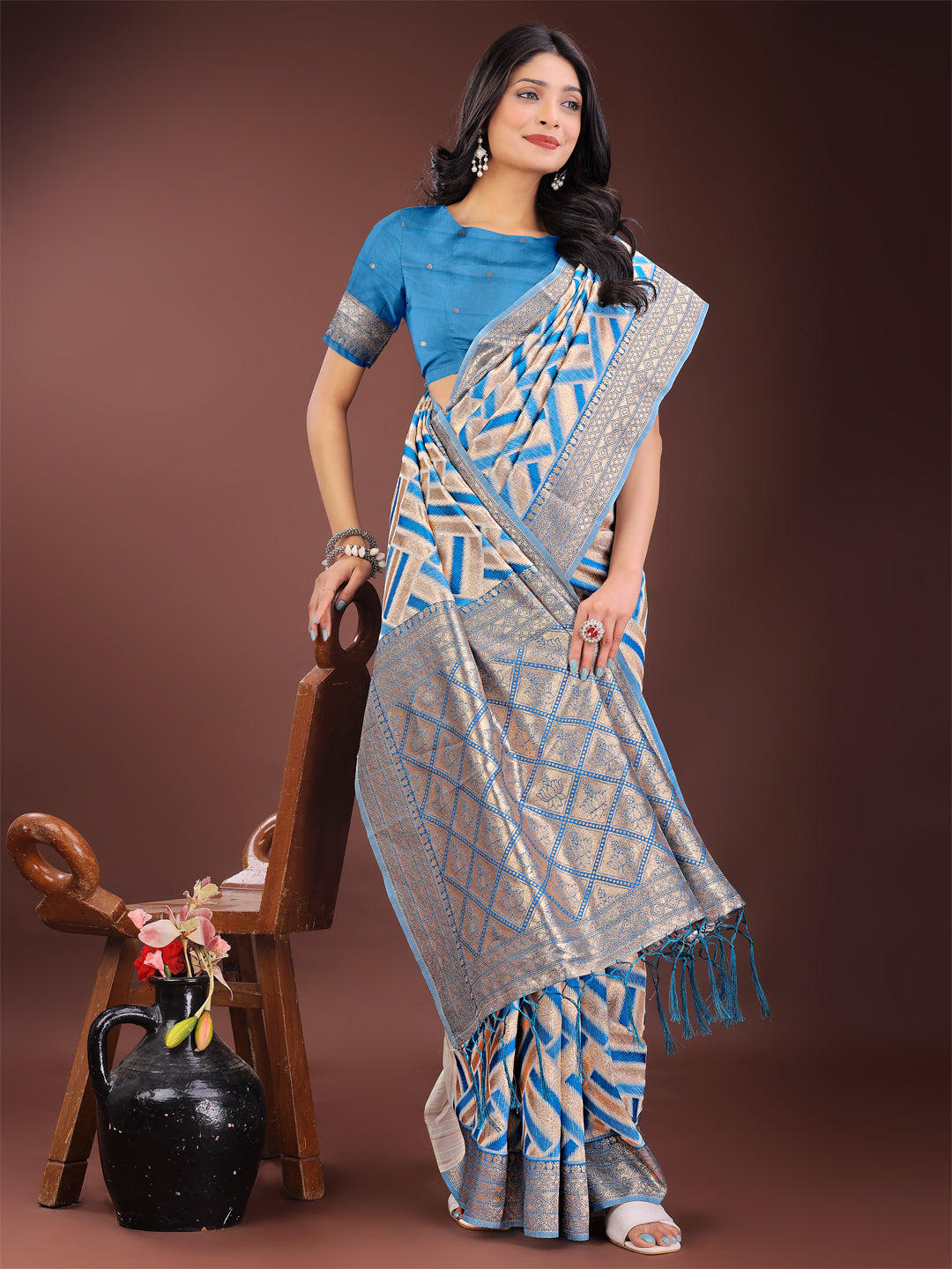 Shree Shyam Fashion Elegant Sky Blue & Cream Linen Saree with Geometric Design and Zari Border - Festive & Party Wear