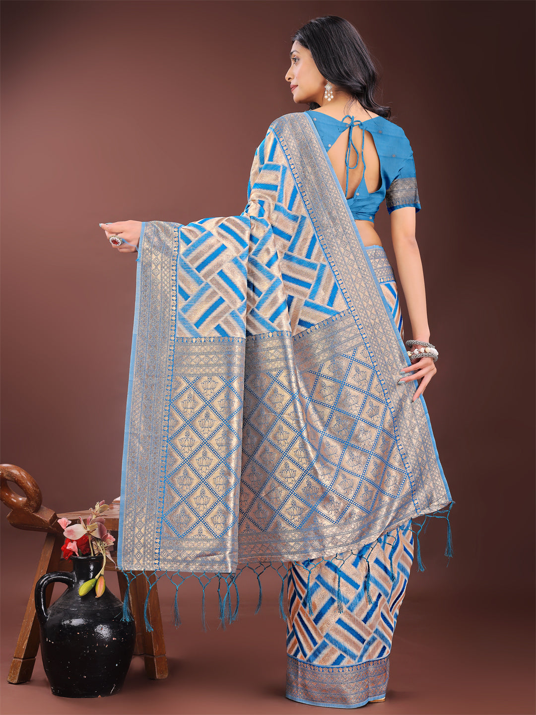 Shree Shyam Fashion Elegant Sky Blue & Cream Linen Saree with Geometric Design and Zari Border - Festive & Party Wear