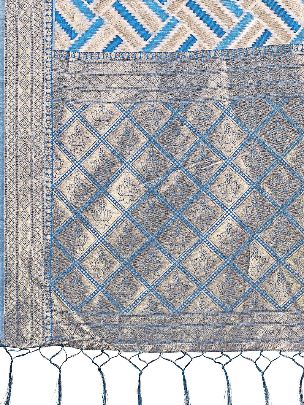 Shree Shyam Fashion Elegant Sky Blue & Cream Linen Saree with Geometric Design and Zari Border - Festive & Party Wear