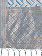 Shree Shyam Fashion Elegant Sky Blue & Cream Linen Saree with Geometric Design and Zari Border - Festive & Party Wear