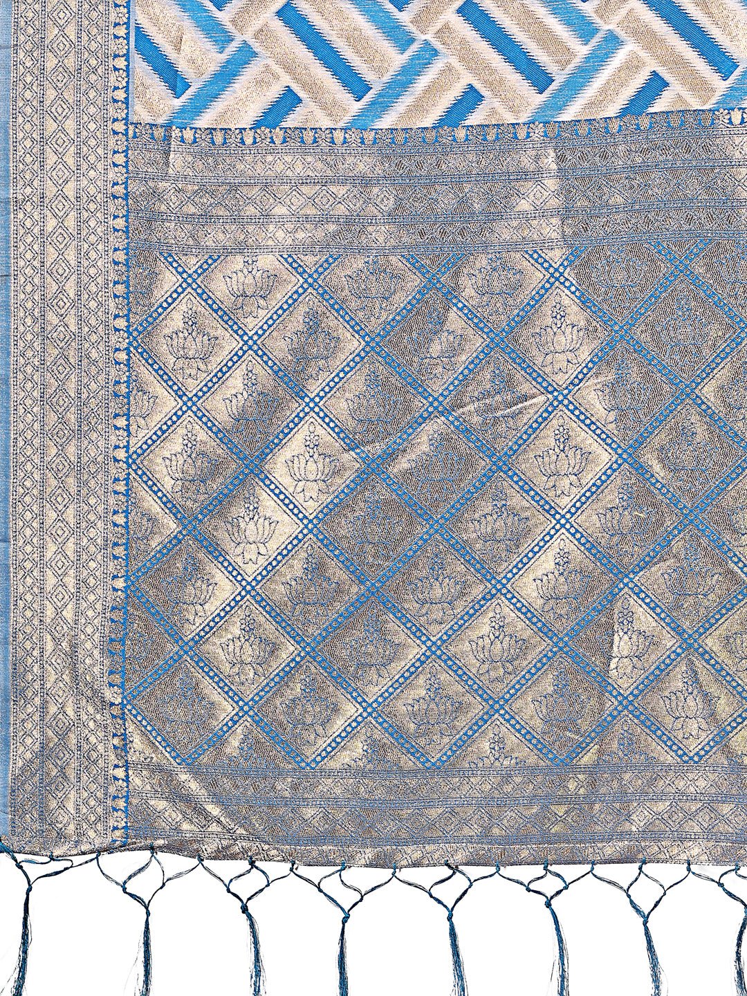 Shree Shyam Fashion Elegant Sky Blue & Cream Linen Saree with Geometric Design and Zari Border - Festive & Party Wear