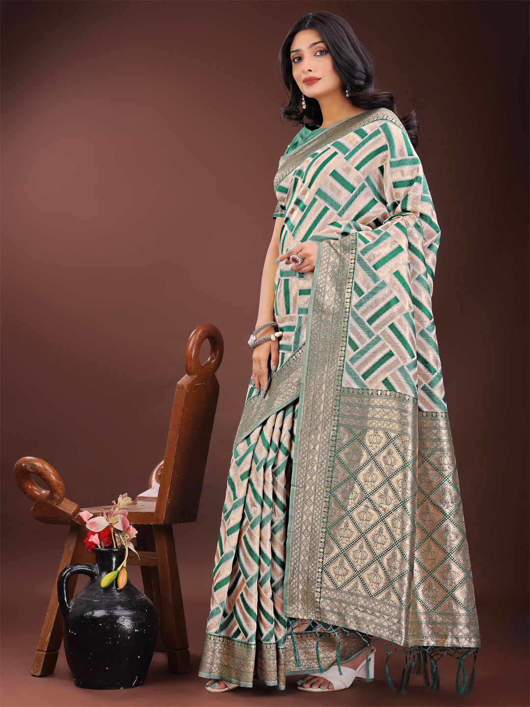 Shree Shyam Fashion Elegant Green & Cream Linen Saree with Geometric Design and Zari Border - Festive & Party Wear