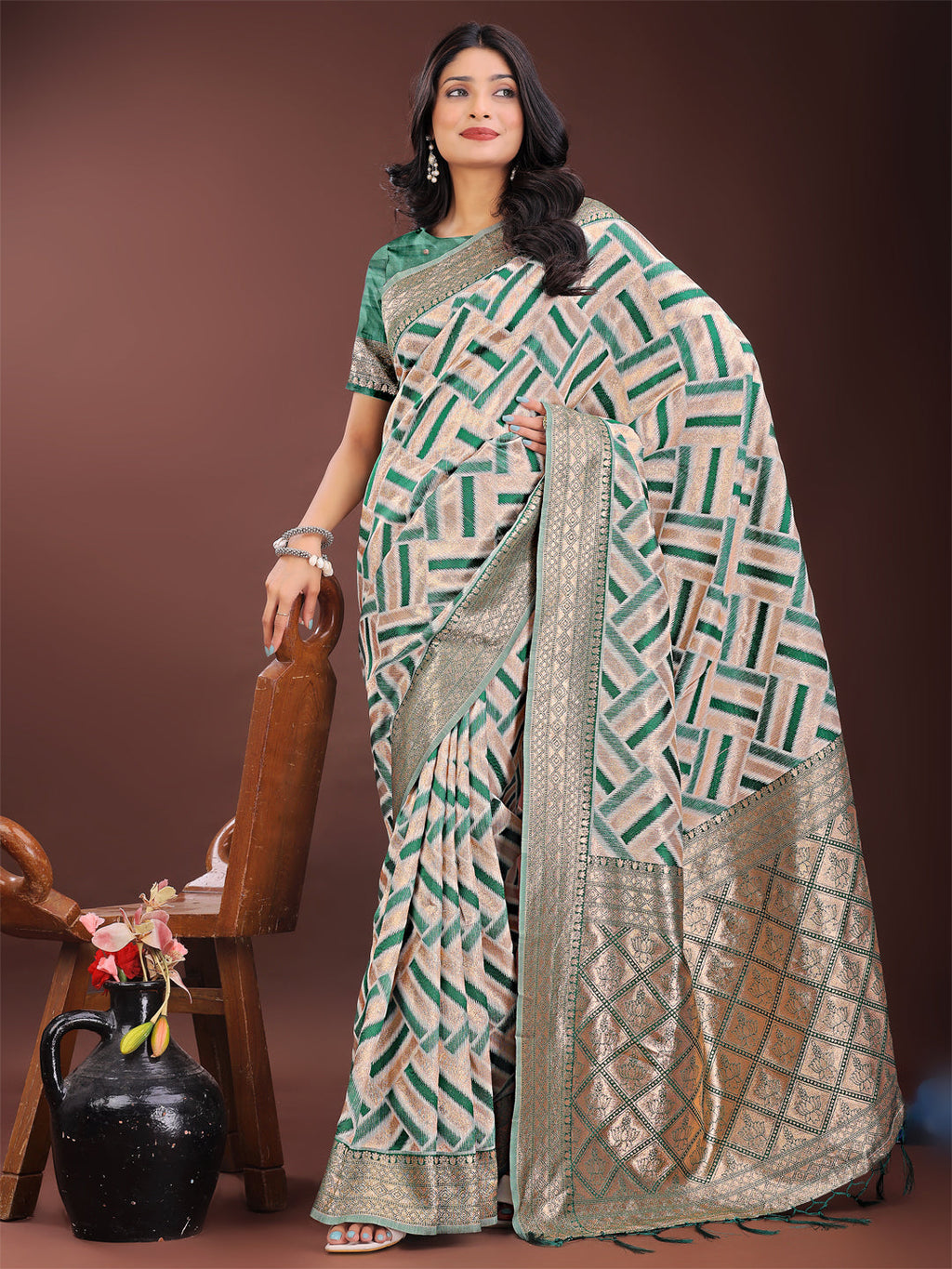Shree Shyam Fashion Elegant Green & Cream Linen Saree with Geometric Design and Zari Border - Festive & Party Wear