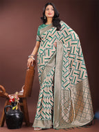 Shree Shyam Fashion Elegant Green & Cream Linen Saree with Geometric Design and Zari Border - Festive & Party Wear