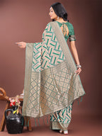 Shree Shyam Fashion Elegant Green & Cream Linen Saree with Geometric Design and Zari Border - Festive & Party Wear