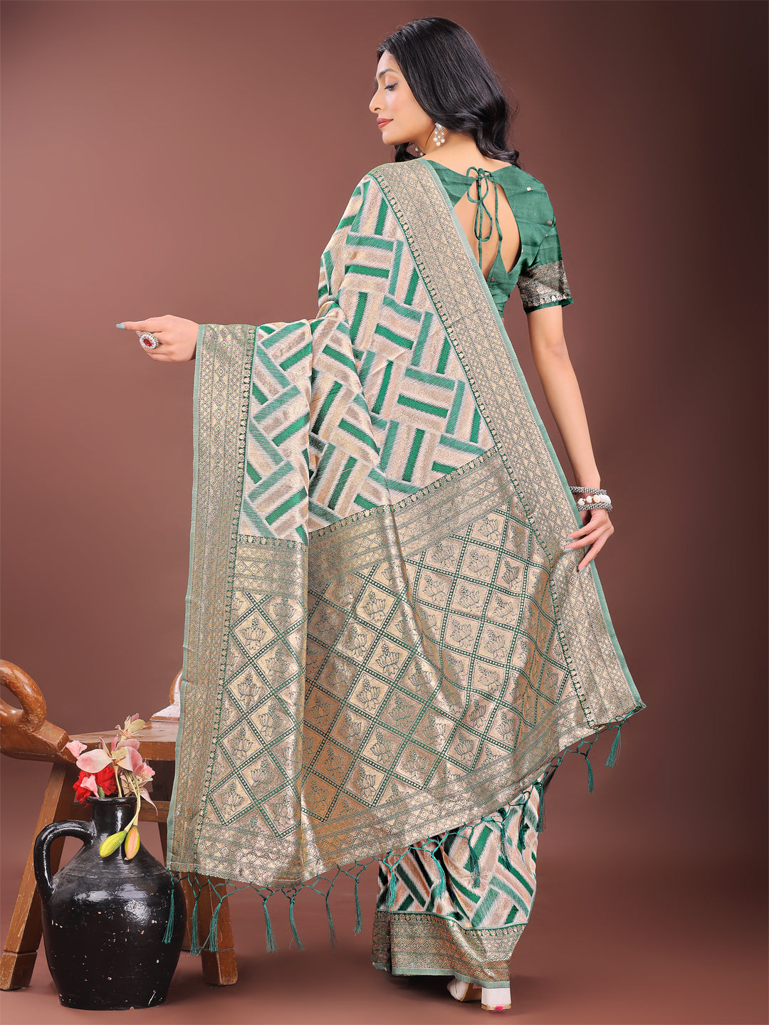 Shree Shyam Fashion Elegant Green & Cream Linen Saree with Geometric Design and Zari Border - Festive & Party Wear